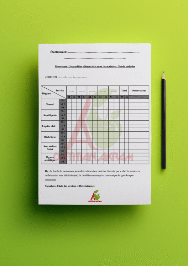 ورقة الحركة الغذائية اليومية للمرضى والمرافقين
