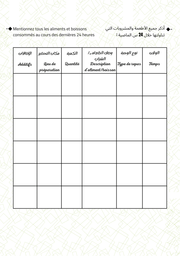 نموذج استرجاع الـ 24 ساعة الغذائية
